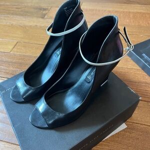 Black Steve Madden Wedges with White Ankle Straps